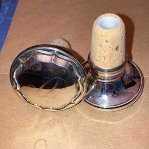 SET of 2 “D” Engraved Bottle Stoppers SilverTone & Cork for Liquor/Wine Service